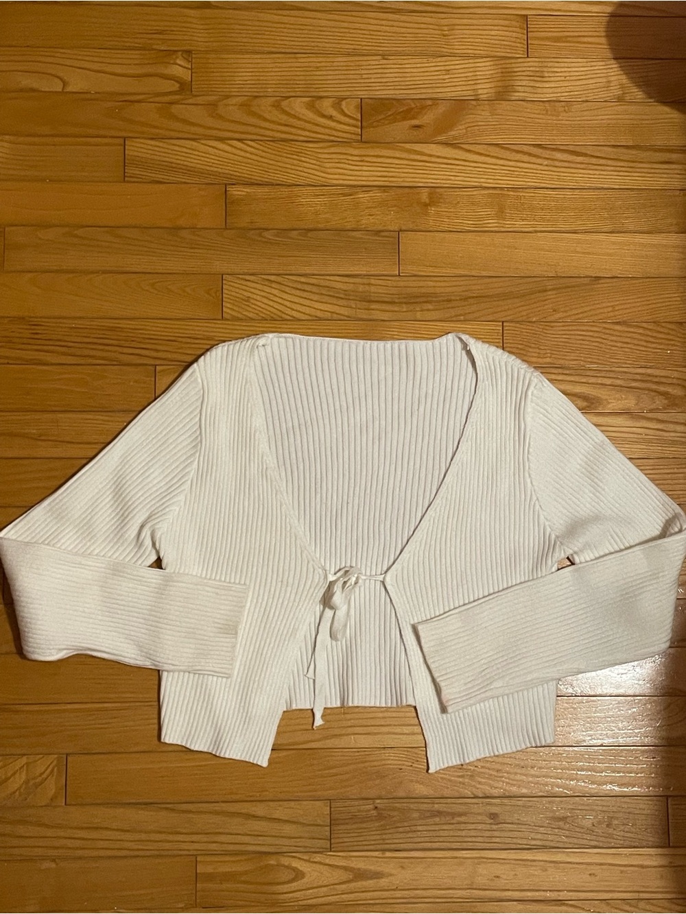 SHEIN Cream Ribbed Tie-Front Cropped Cardigan